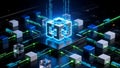 3D cubes glowing in data-grid harmony create a vibrant tech landscape Royalty Free Stock Photo