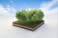 3D cubical beautiful forest land with trees, soil geology cross section, 3D Illustration ground ecology isolated on blue sky Royalty Free Stock Photo
