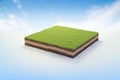 3D cubical beautiful grass land with soil geology cross section, 3D Illustration ground ecology isolated on blue sky