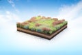 3D cubical garden grass land with red flowers, soil geology cross section, 3D Illustration ground ecology isolated on blue sky