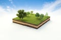 3D cubical garden grass land with trees, soil geology cross section, 3D Illustration ground ecology isolated on blue sky Royalty Free Stock Photo