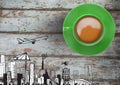 3D Cup with travel plane city drawings on wood