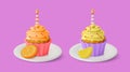 3d Cupcake with Candle Lemon and Orange Tastes Sweet Dessert Food Cartoon Style. Vector Royalty Free Stock Photo