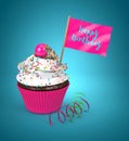 3d cupcake with happy birthday flag