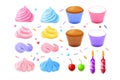 3d cupcake, muffin constructor kit, cake cups. Birthday paper, food candy, sweet cherry and chocolate, icing candy