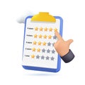 3d customer review. Clipboard rating feedback. Five stars for best excellent rating. 5 star quality customer rating Royalty Free Stock Photo