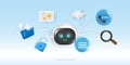 3D cute AI chatbot robot face connecting to cloud computing, chat bubble, document search, secure padlock, folder and phone icons Royalty Free Stock Photo