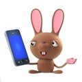 3d Cute cartoon Easter bunny rabbit character has a smartphone tablet device