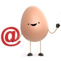 3d Cute cartoon egg character holding an email address symbol