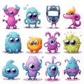 3D Cute cartoon monsters. Comic halloween joyful monster characters. Funny devil, ugly alien and smile creature flat vector set Royalty Free Stock Photo