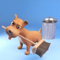 3d cute cartoon puppy dog sweeps up with a broom and trashcan Royalty Free Stock Photo