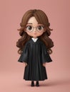 3D Cute Character of Young Girl in Graduation Gown and Glasses with Wavy Hair on Peach Background Charming Graduation Gift or