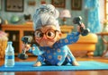 3D cute elderly woman doing physical exercise with dumbbells. AI generated Royalty Free Stock Photo