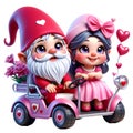 3d Cute Gnome Couple Golf Cart Valentine Clipart Illustration AI Generative