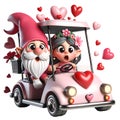 3d Cute Gnome Couple Golf Cart Valentine Clipart Illustration AI Generative