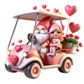 3d Cute Gnome Couple Golf Cart Valentine Clipart Illustration AI Generative