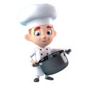3d cute icon cartoon male chef in a professional uniform with a pan in his hands. Happy smiling restaurant worker in hat and apron