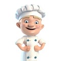 3d cute icon cartoon male chef in a professional uniform with a pan in his hands. Happy smiling restaurant worker in hat and apron