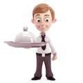 3d cute icon The waiter holds the order with one hand. Man in the uniform Cartoon minimal style on Isolated Transparent png