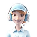 3d cute icon young female call center agent with headset. Smiling cartoon woman operator in headphones with mic working in office Royalty Free Stock Photo