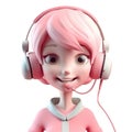 3d cute icon young female call center agent with headset. Smiling cartoon woman operator in headphones with mic working in office Royalty Free Stock Photo