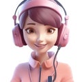 3d cute icon young female call center agent with headset. Smiling cartoon woman operator in headphones with mic working in office Royalty Free Stock Photo