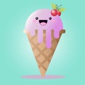 3D Cute Kawaii Cone Ice Cream Vector Illustration Design With Cute Face Cartoon Character