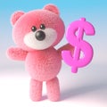 3d cute pink fluffy teddy bear soft toy character holding a pink US Dollar currency symbol, 3d illustration