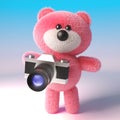 3d cute pink teddy bear character taking a photo with an old camera, 3d illustration