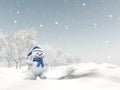 3D cute snowman in winter landscape Royalty Free Stock Photo