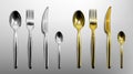 3d cutlery golden and silver fork, knife and spoon Royalty Free Stock Photo