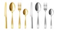 3d cutlery golden and silver fork, knife and spoon Royalty Free Stock Photo