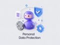 3D Cyber Security Robot, Shield, Fingerprint, Gear on a White Background