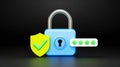 3D cybersecurity concept, password lock, digital shield, glowing circuits, black background Royalty Free Stock Photo