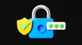 3D cybersecurity concept, password lock, digital shield, glowing circuits, black background Royalty Free Stock Photo
