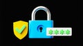 3D cybersecurity concept, password lock, digital shield, glowing circuits, black background Royalty Free Stock Photo