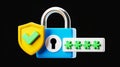 3D cybersecurity concept, password lock, digital shield, glowing circuits, black background Royalty Free Stock Photo