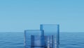3d cylinder glass podium stage on sea water.Blue ocean and sky background.3d rendering illustration Royalty Free Stock Photo