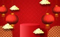 3d cylinder podium product display for chinese new year with red color hanging lantern and cloud decoration Royalty Free Stock Photo