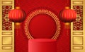 3d cylinder podium product display for chinese new year with red color hanging traditional lantern Royalty Free Stock Photo