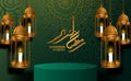 3d cylinder podium product display with golden ramadan kareem calligraphy and luxury fanoos lantern with green background for