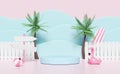 3d cylinder stage podium empty with fence, ball, Inflatable flamingo, wave, palm tree, road signboard or signpost isolated on pink