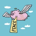 Angel pig with peace flag flying on sky cartoon illustration Royalty Free Stock Photo