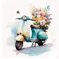 blue motor scooter with a bouquet of flowers, vintage, watercolor , ai generation