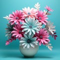 3d Daisy Arrangement: Teal And Pink Paper Sculpture Vase