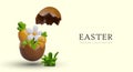 3D daisy, carrot inside chocolate egg, green grass Royalty Free Stock Photo