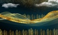 3d dark mural wallpaper. Golden wavy lines and trees, clouds for wall decor