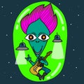 Punk rocker alien play guitar in space cartoon