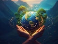 a 3d decorative realistic globe with many trees on it holding a man, earth day, environmental and animal day concept realistic Royalty Free Stock Photo