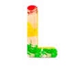3D decorative wooden colored red green yellow Alphabet, capital letter L.